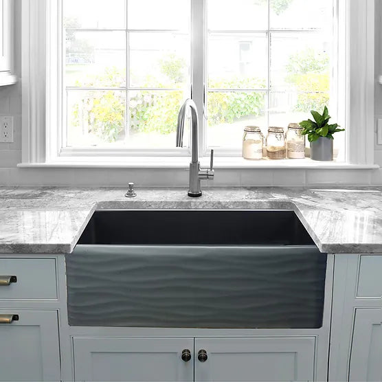 Nantucket Sink Embossed Vineyard Collection FCFS3320S-(W,MB)-Waves Nantucket Sinks' 33 Inch Farmhouse Fireclay Sink with Waves Apron