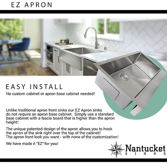 Nantucket Sink Pro Series EZApron33-9 , "Patented" Design Pro Series Single Bowl Undermount Stainless Steel Kitchen Sink with 7 Inch Apron Front