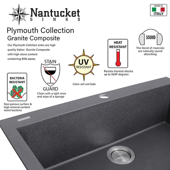 Nantucket Sink Plymouth PR2418-(W,TI,BL,BR) Small Single Bowl Undermount Granite Composite