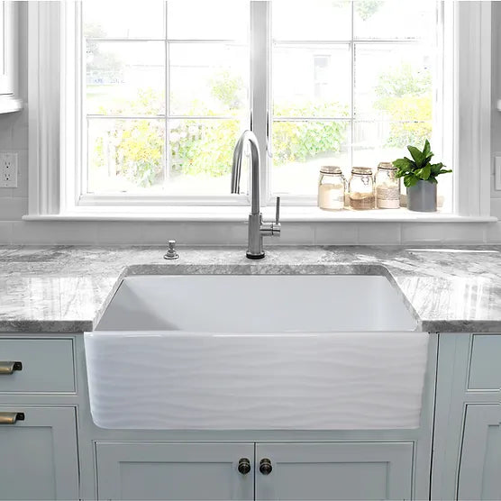 Nantucket Sink Embossed Vineyard Collection FCFS3320S-(W,MB)-Waves Nantucket Sinks' 33 Inch Farmhouse Fireclay Sink with Waves Apron
