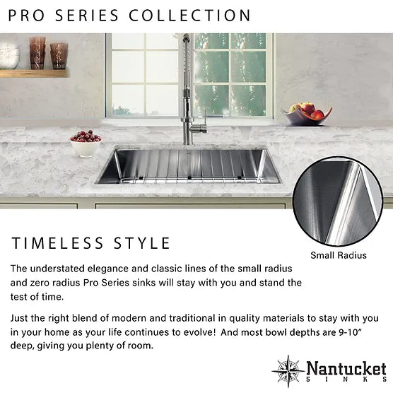 Nantucket Sink Pro Series SR2318-12-16 , Pro Series Rectangle Single Bowl Undermount Small Radius Corners Stainless Steel Kitchen Sink