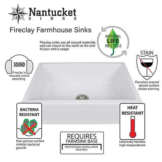 Nantucket Sink Curved Vineyard Collection FCFS3320CA (W,C,MB) Nantucket Sinks' 33 Inch Farmhouse Fireclay Sink with Curved Apron Front