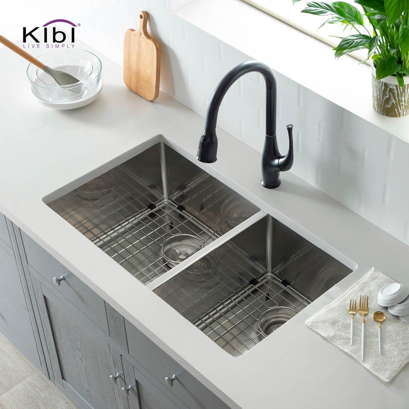 KIBI 32-3/4″ Handcrafted Undermount Double Bowl Stainless Steel Kitchen Sink K1-D33-BS
