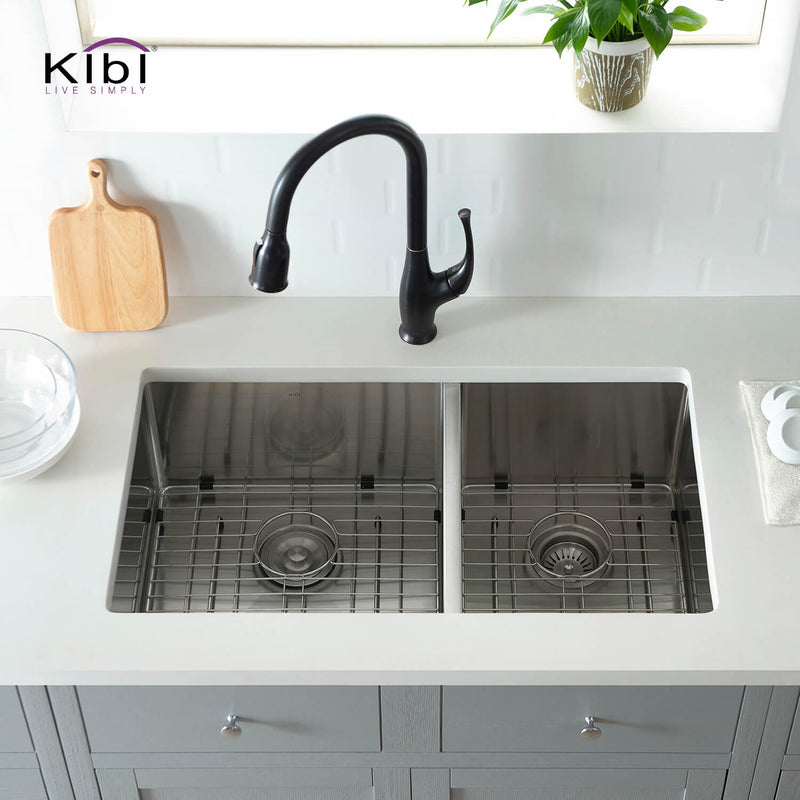 KIBI 32-3/4″ Handcrafted Undermount Double Bowl Stainless Steel Kitchen Sink K1-D33-BS