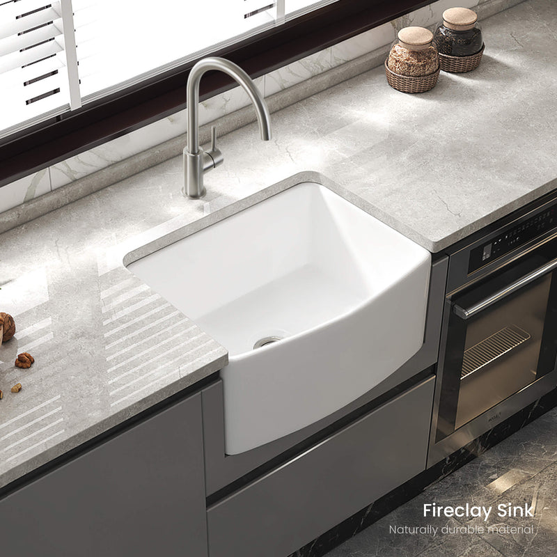 KIBI 24″ Fireclay Curved Apron Front Farmhouse Kitchen Sink Pure Series K2-SF24C