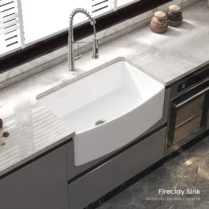 KIBI 33″ Fireclay Curved Apron Front Farmhouse Kitchen Sink Pure Series K2-SF33C