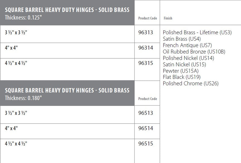 Emtek Heavy Duty, Square Barrel Solid Brass Hinges  (Sold in Pair)