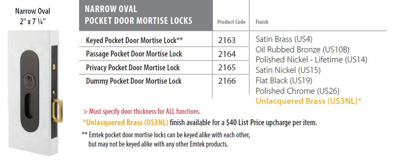 Emtek Narrow Oval Pocket Door Mortise Lock