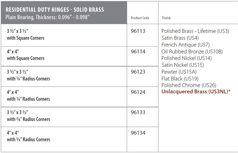 Emtek Residential Duty, Plain Bearing Solid Brass Hinges  (Sold in Pair)
