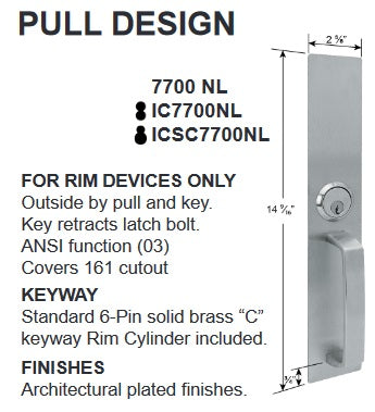 Cal-Royal 7700NL Night Latch Pull Trim for 7700 Series Brushed Stainless