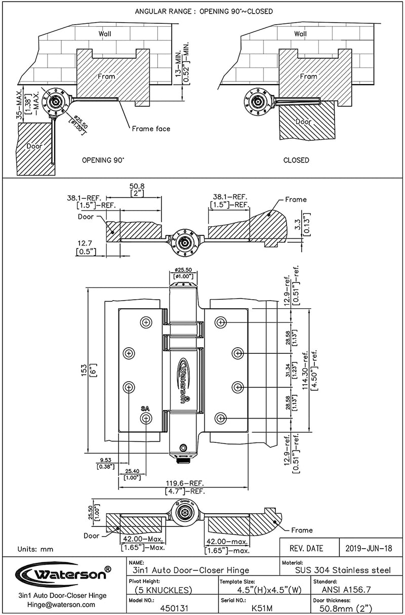 Waterson Heavy Duty Commercial Fully Adjustable Self-Closing Door Hinge 3-Pack 4.5" x 4.5" – K51M-450 (SA,SA,SA1)