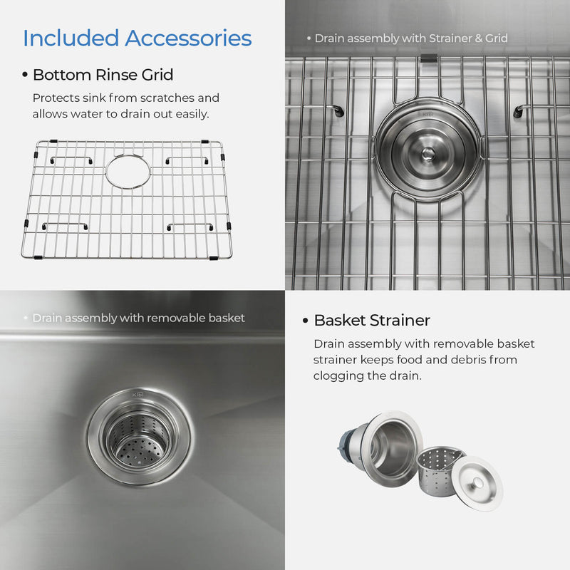Kibi 28″ Handcrafted Undermount Single Bowl 16 gauge Stainless Steel Kitchen Sink