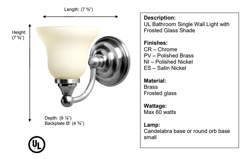 Valsan - KINGSTON Single Wall Light with Frosted Glass Shade